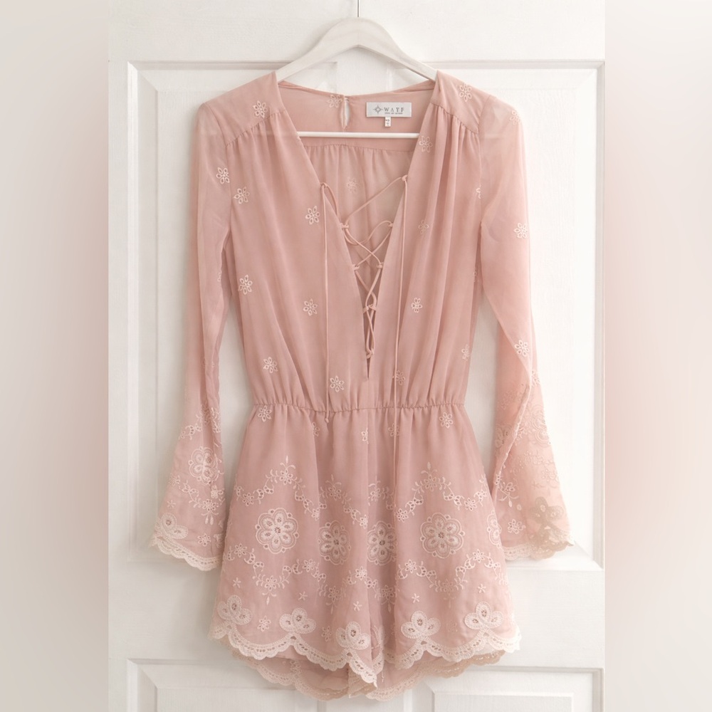 WAYF Blush Pink Embroidered Lace Romper – Bell Sleeve – Size XS